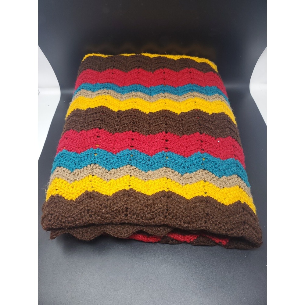 Retro Hand Crocheted Zig Zag Afghan Blanket Throw 67" x 58" Fall Colors